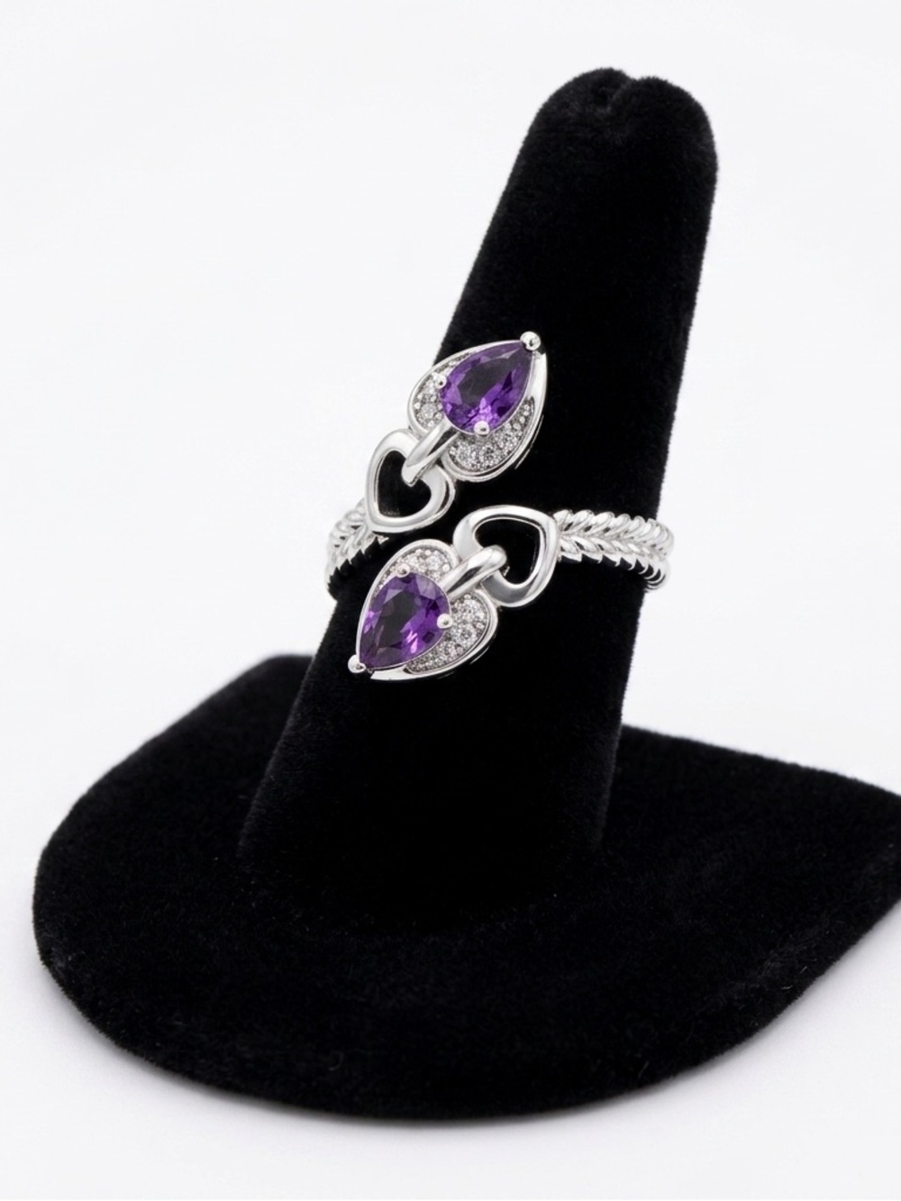New S925 Sterling Silver Purple Amethyst & Morganite Heart Tear Drop Ring